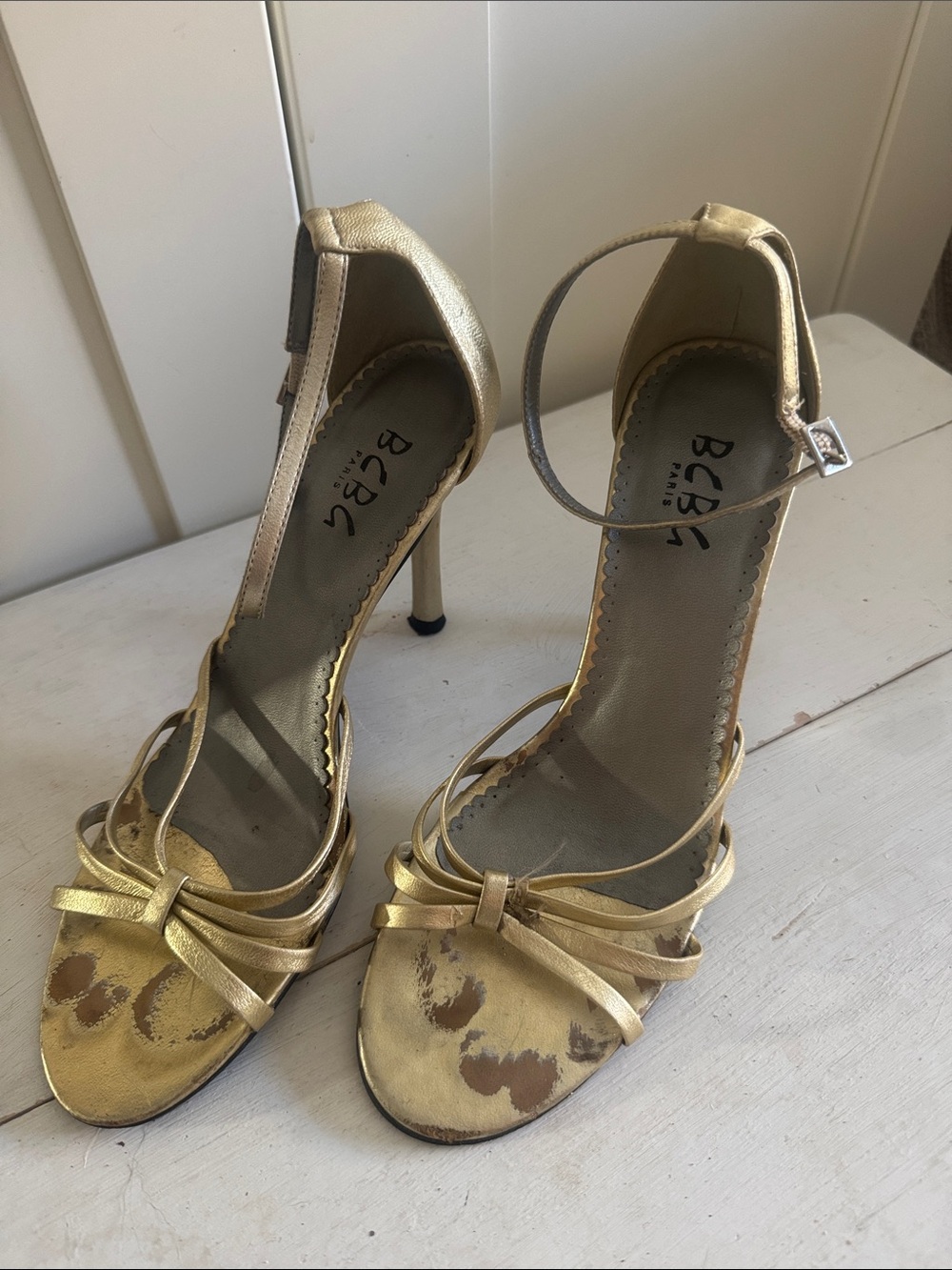 Y2K BCBG Metallic Gold Ankle-Strap Stiletto Sandals